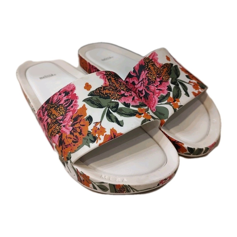 Melissa sandals Beach Slide White Floral‎ Print Butterfly Flat Jelly size 10